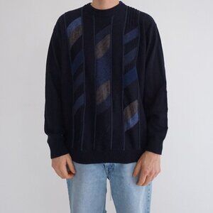 Vintage Klaus Boehler Navy 3D Textured Stripe Fine Knit Biggie Sweater XXL
